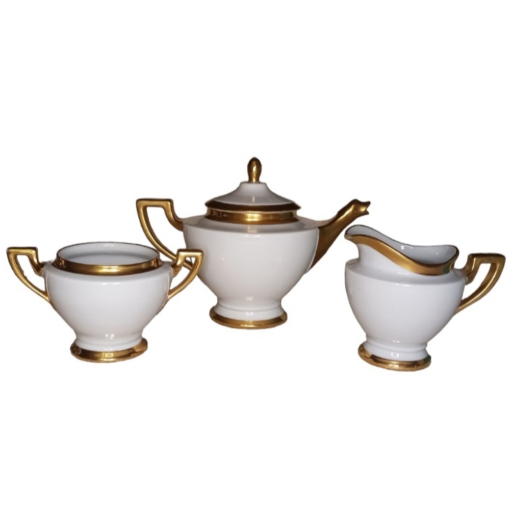 Vintage Signed Porcelain White w/Gold Trim Tea Set - Teapot, Creamer, Su…
